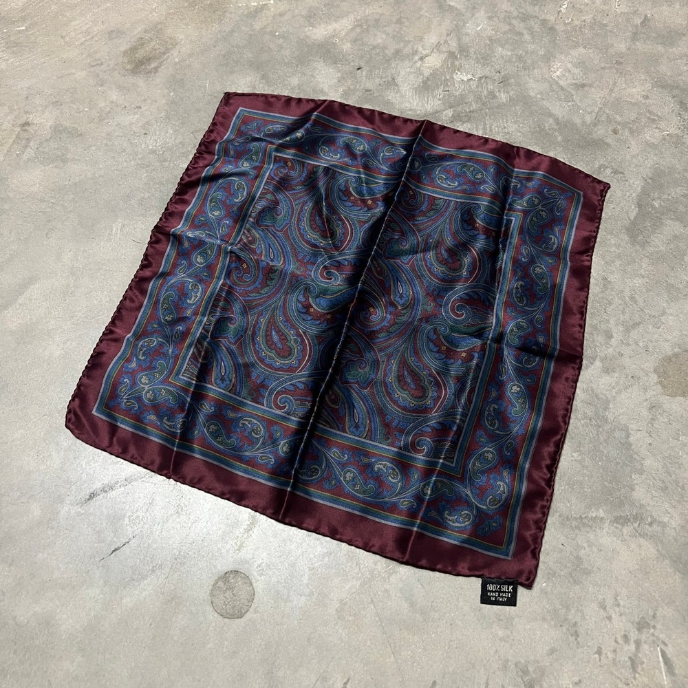 Mens Burgundy Paisley Silk Pocket Square Handmade in Italy Blue Green Medallion